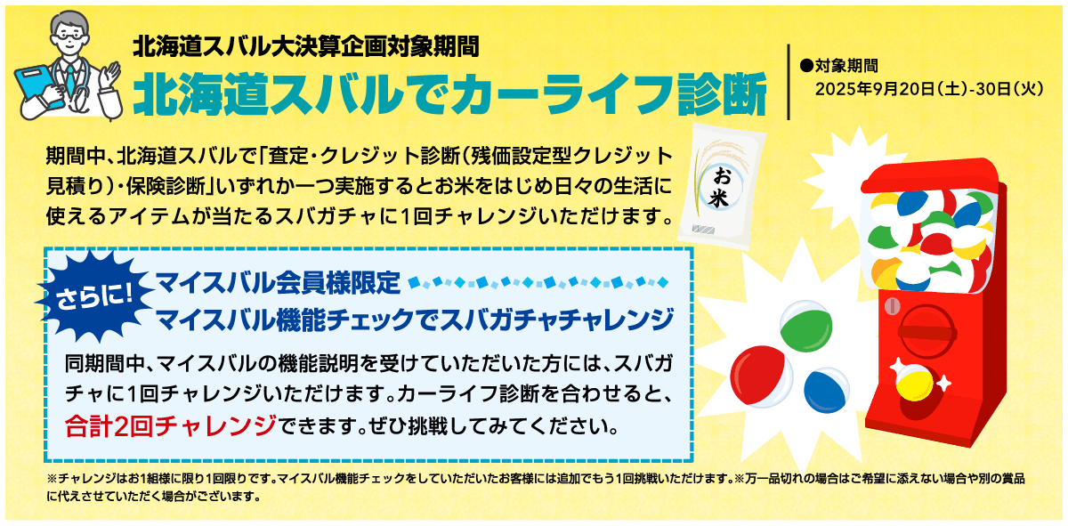 北海道スバル⼤決算企画対象期間　北海道スバルでカーライフ診断