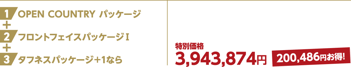 1OPEN COUNTRY パッケージ ＋ 2フロントフェイスパッケージⅠ ＋ 3タフネスパッケージ＋1なら 特別価格3,943,874円 200,486円お得！