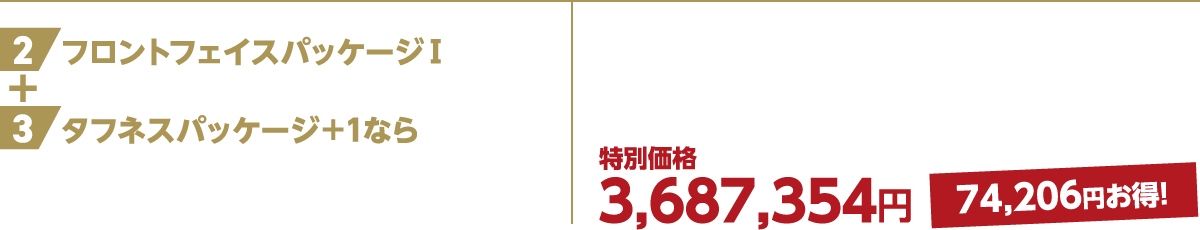 2フロントフェイスパッケージⅠ ＋ 3タフネスパッケージ＋1なら 特別価格3,687,354円 74,206円お得！
