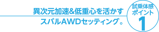 異次元加速&低重心を活かすスバルAWDセッティング。