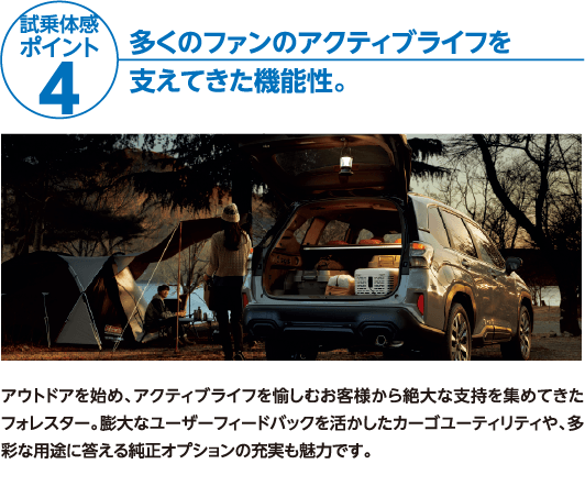 試乗体感ポイント4 多くのファンのアクティブライフを支えてきた機能性。