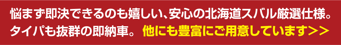 悩まず即決できるのも嬉しい、安心の北海道スバル厳選仕様。タイパも抜群の即納車。 他にも豊富にご用意しています>>